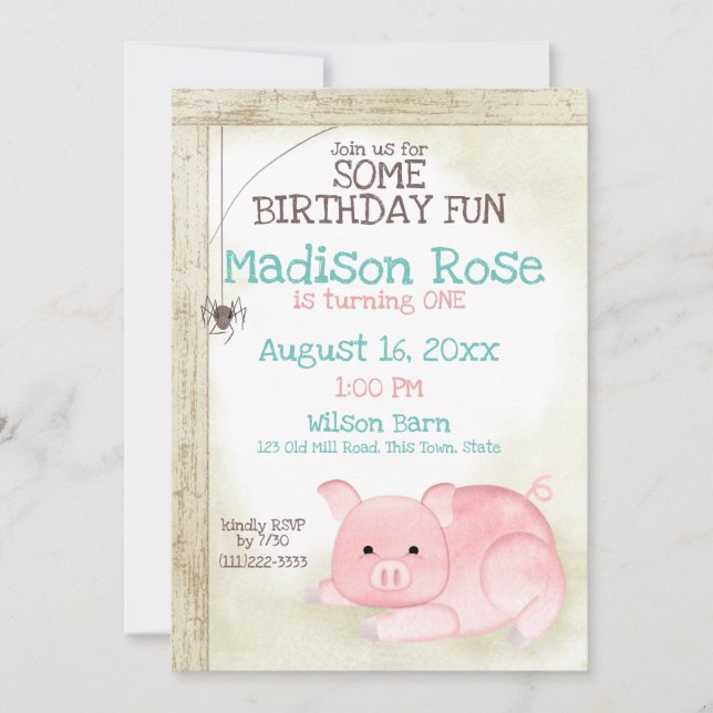 Pig and Web Barn Yard Birthday Invitation (Front)