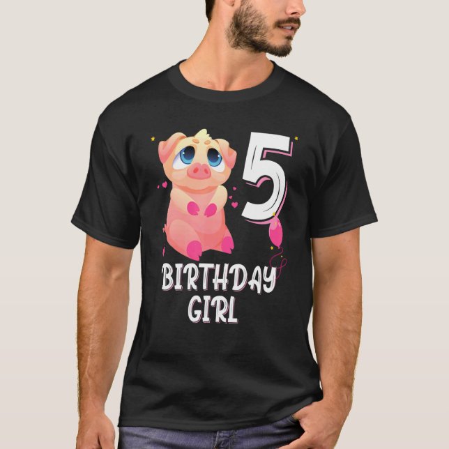 Pig Animal  5th Birthday Girl B Day 5 Years Old T-Shirt (Front)