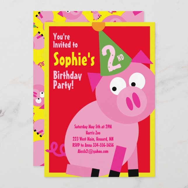 Pig Animal Kid's Birthday Party Invitations (Front/Back)