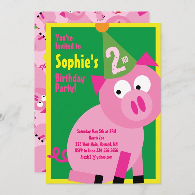 Pig Animal Kid's Birthday Party Invitations (Front/Back)
