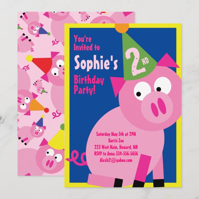 Pig Animal Kid's Birthday Party Invitations (Front/Back)
