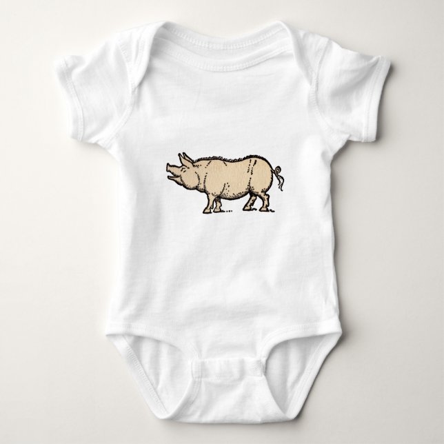Pig Antique Piggy Cute Vintage Illustration Baby Bodysuit (Front)