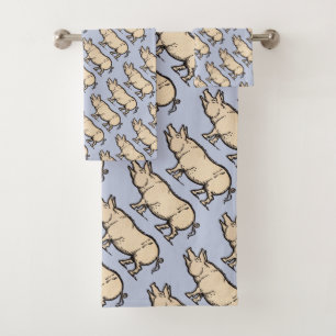 Pig Antique Piggy Cute Vintage Illustration Bath Towel Set