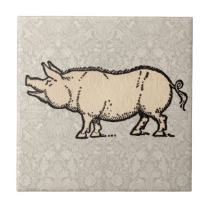 Pig Antique Piggy Cute Vintage Illustration Ceramic Tile