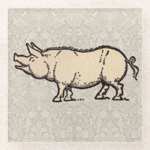 Pig Antique Piggy Cute Vintage Illustration Glass Coaster