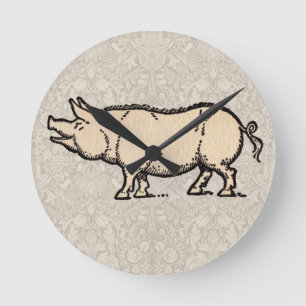 Pig Antique Piggy Cute Vintage Illustration Round Clock