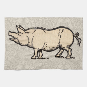 Pig Antique Piggy Cute Vintage Illustration Tea Towel