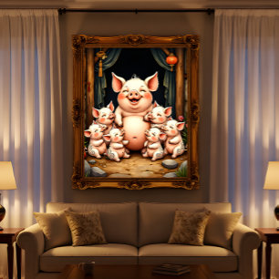  Pig Art – Mother & Piglets Poster