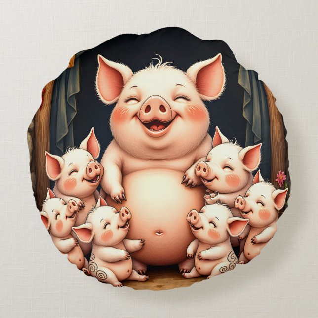  Pig Art – Mother & Piglets Round Cushion (Back)