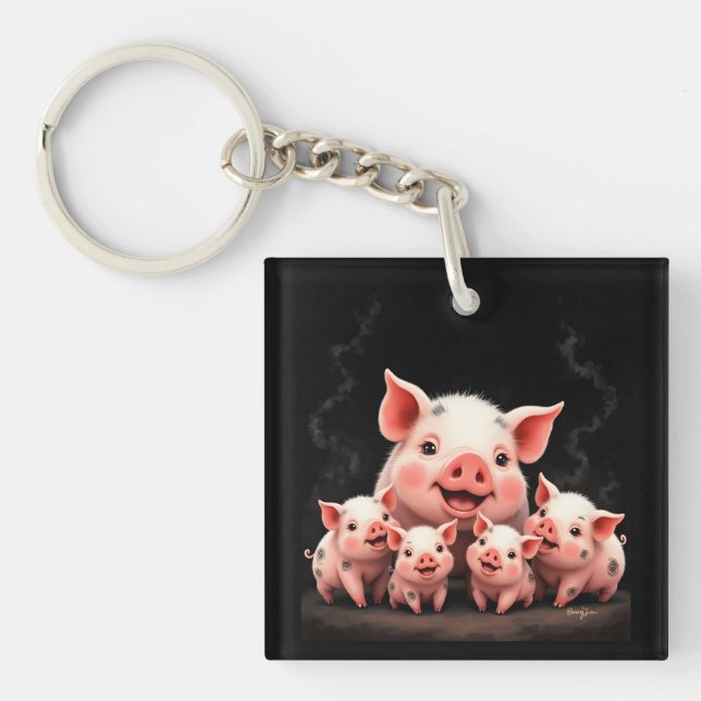 Pig Artwork – Mother Pig & Piglets Key Ring (Front)
