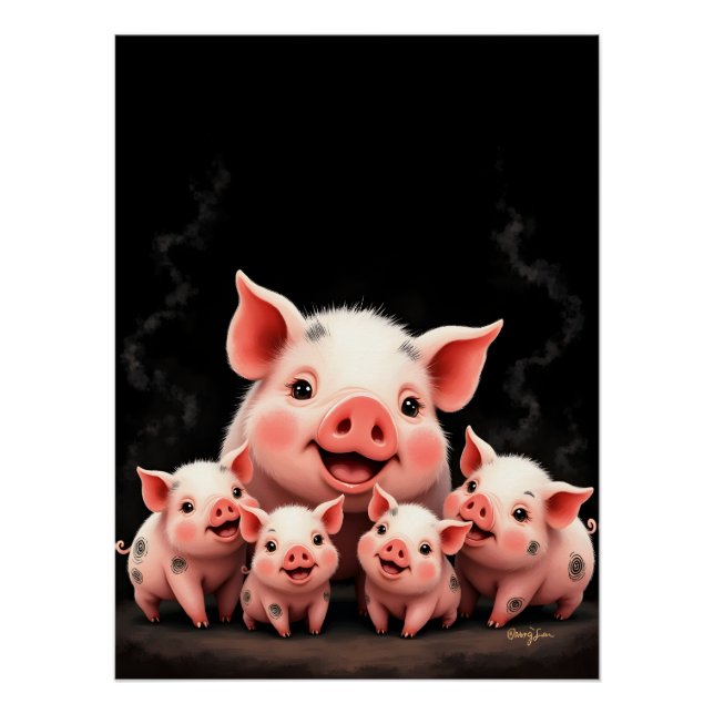 Pig Artwork – Mother Pig & Piglets Poster (Front)