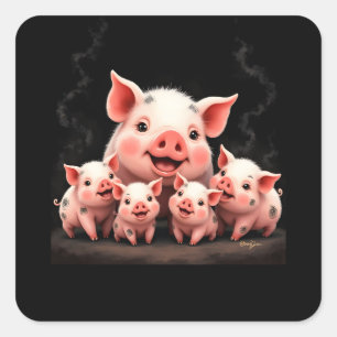 Pig Artwork – Mother Pig & Piglets Square Sticker