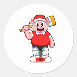 Pig as Batsman with Cricket bat Classic Round Sticker