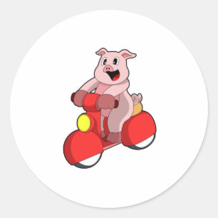 Pig as Biker with Scooter Classic Round Sticker