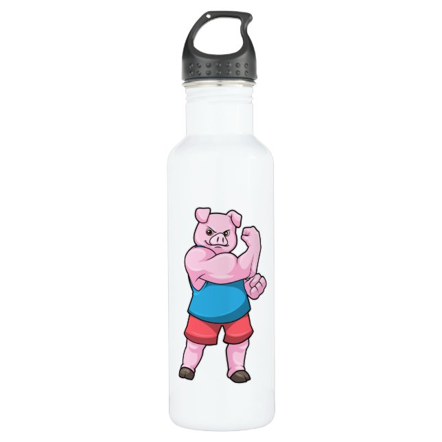 Pig as Bodybuilder with big Upper arm 710 Ml Water Bottle (Front)