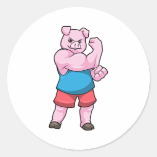 Pig as Bodybuilder with big Upper arm Classic Round Sticker