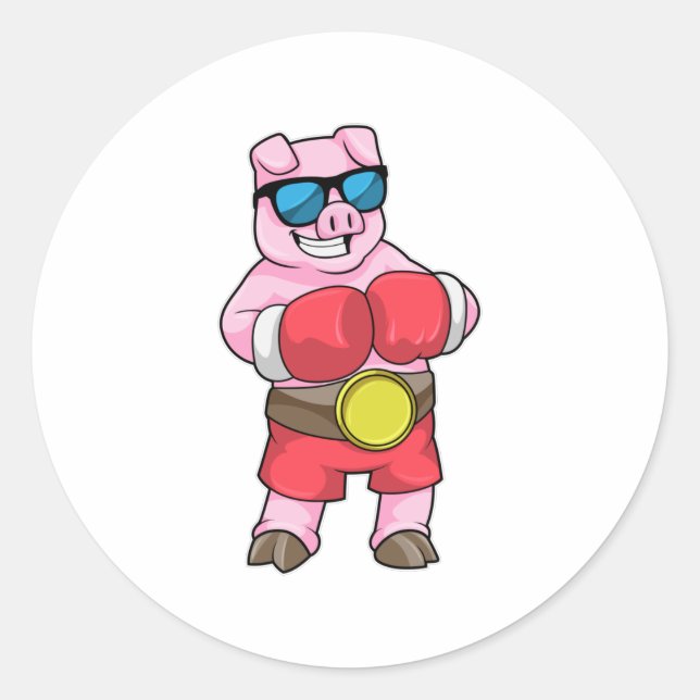 Pig as Boxer with Boxing gloves Classic Round Sticker (Front)