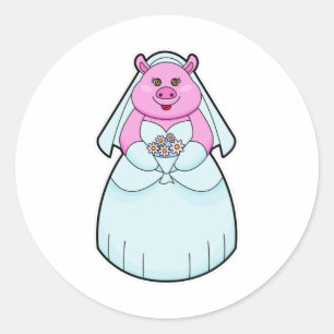 Pig as Bride with Veil Classic Round Sticker