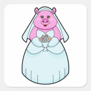 Pig as Bride with Veil Square Sticker