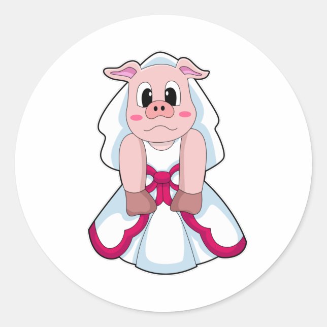 Pig as Bride with Wedding dress Classic Round Sticker (Front)