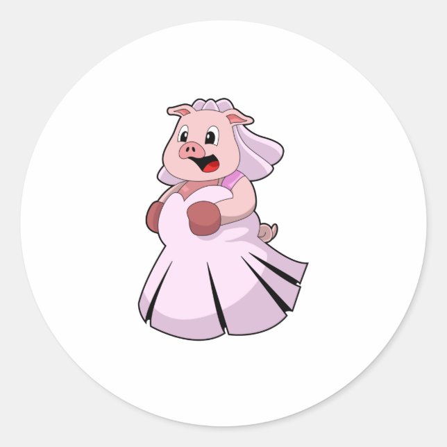 Pig as Bride with Wedding dress.PNG Classic Round Sticker (Front)