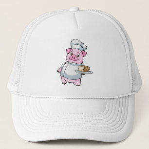 Pig as Chef with Platter & Cake Trucker Hat