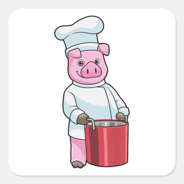 Pig as Cook with Cooking pot Square Sticker (Front)