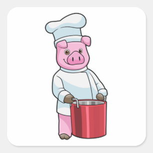 Pig as Cook with Cooking pot Square Sticker