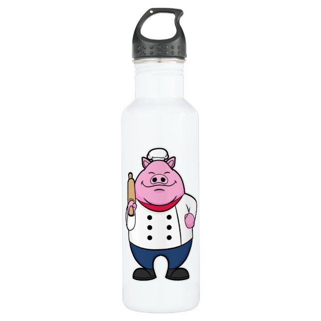 Pig as Cook with Rolling pin 710 Ml Water Bottle (Front)