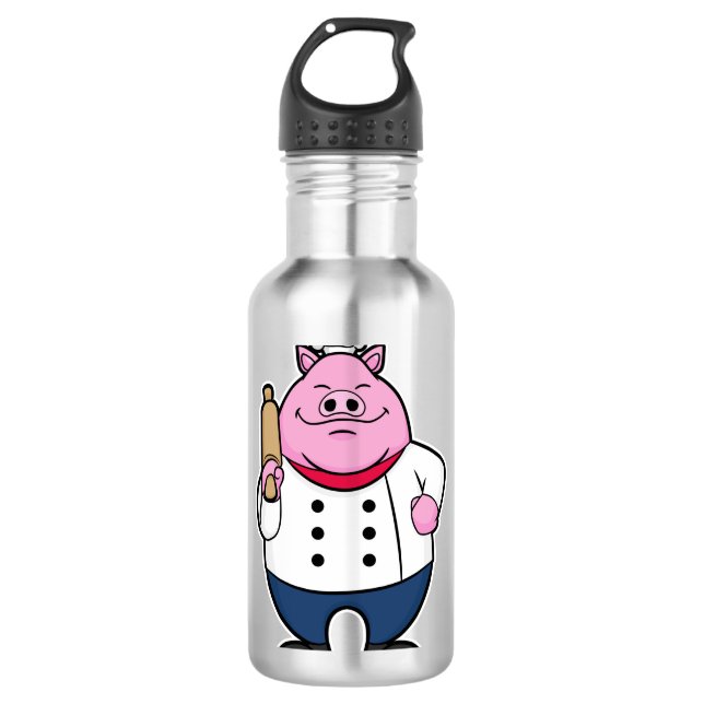 Pig as Cook with Rolling pin 710 Ml Water Bottle (Front)