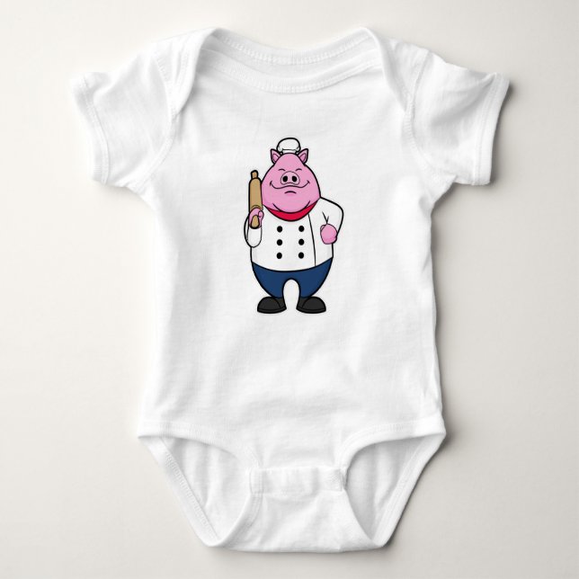 Pig as Cook with Rolling pin Baby Bodysuit (Front)