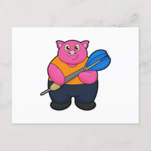 Pig as Dart player with Darts Postcard
