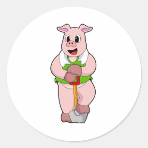 Pig as Farmer with Shovel Classic Round Sticker