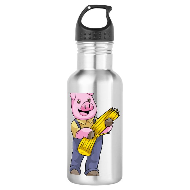 Pig as Farmer with Straw 710 Ml Water Bottle (Front)