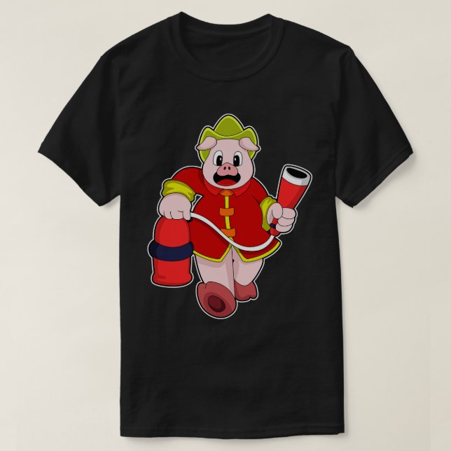 Pig as Firefighter with Fire extinguisher T-Shirt (Design Front)
