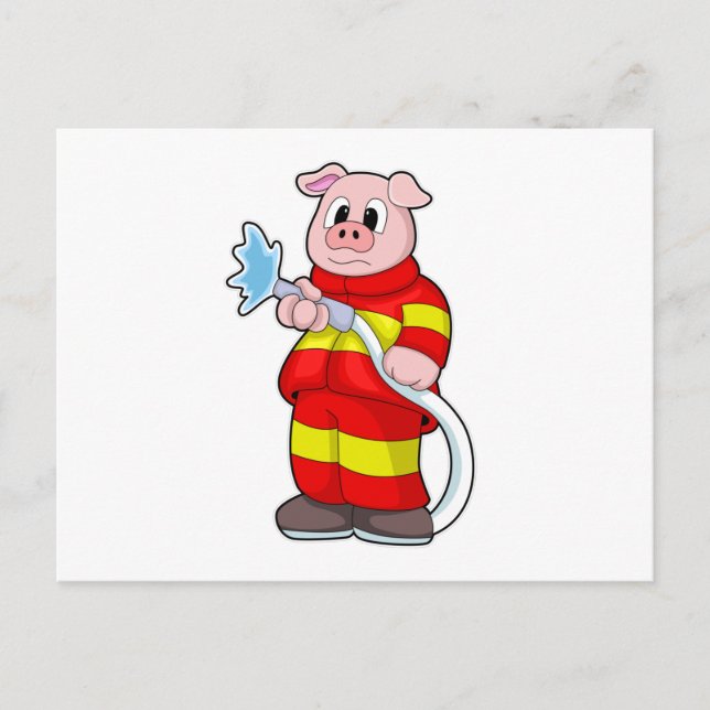 Pig as Firefighter with Hose Postcard (Front)