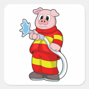 Pig as Firefighter with Hose Square Sticker