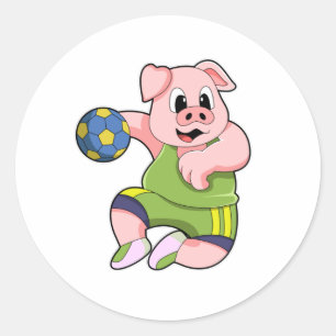 Pig as Handball player with Handball Classic Round Sticker