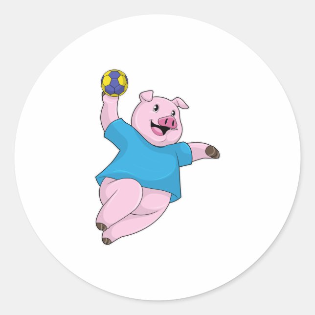 Pig as Handball player with Handball Classic Round Sticker (Front)