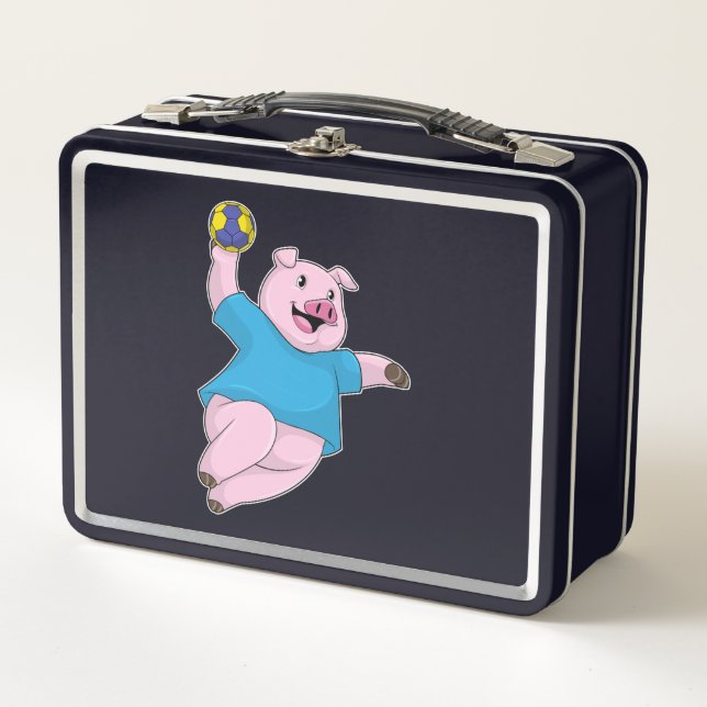 Pig as Handball player with Handball Metal Lunch Box (Front)