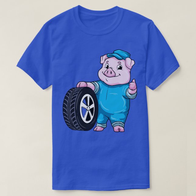 Pig as mechanic with Tires T-Shirt (Design Front)