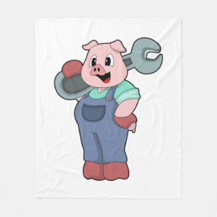 Pig as Mechanic with Wrench Fleece Blanket