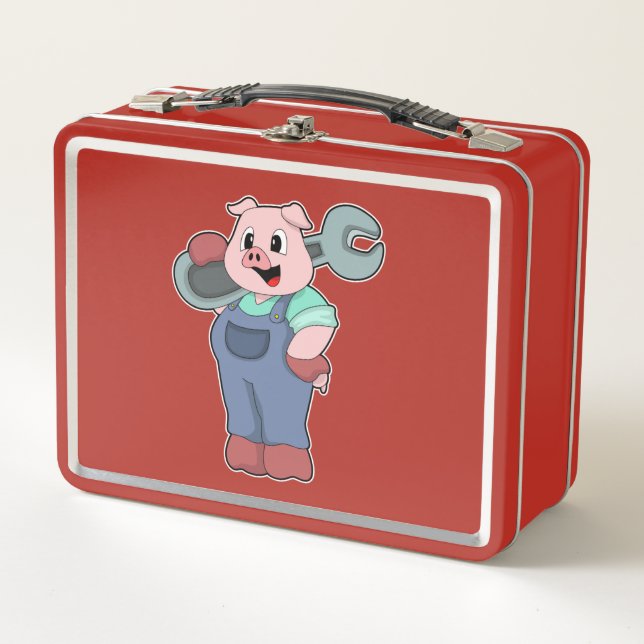 Pig as Mechanic with Wrench Metal Lunch Box (Front)