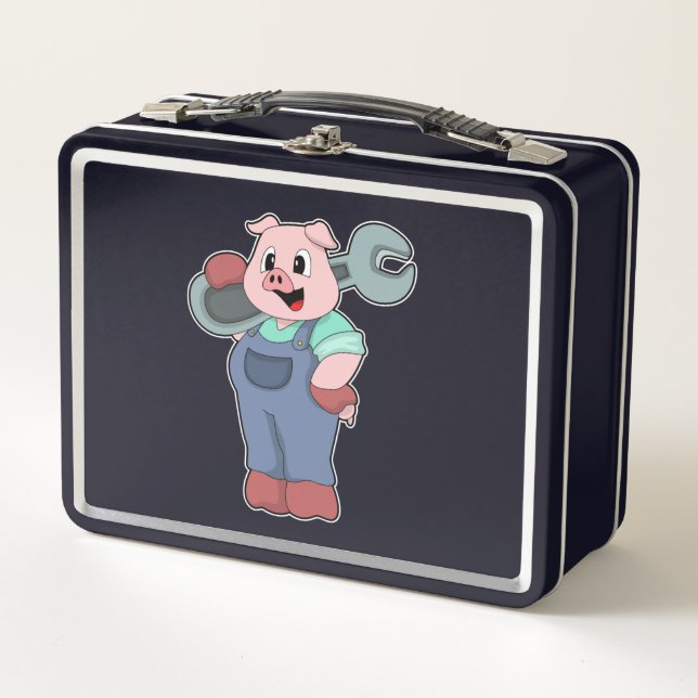 Pig as Mechanic with Wrench Metal Lunch Box (Front)