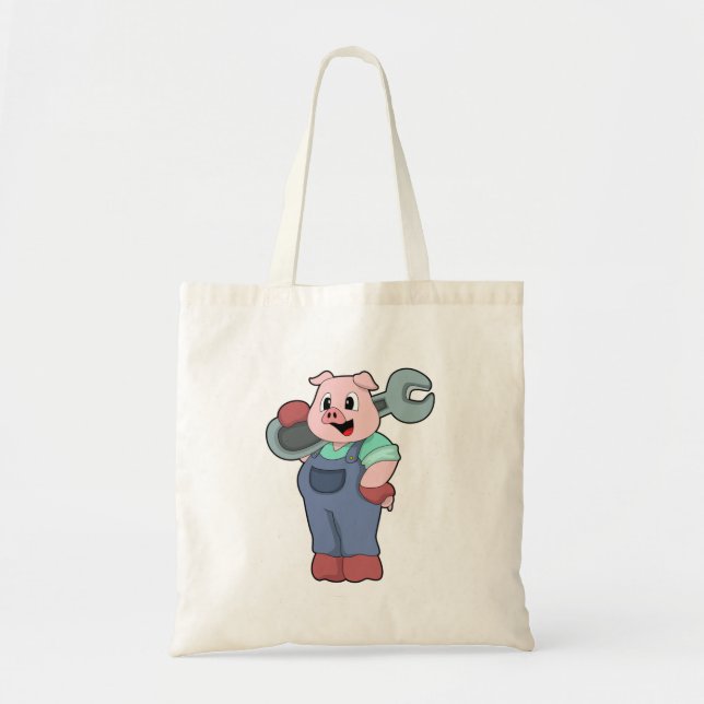 Pig as Mechanic with Wrench Tote Bag (Front)