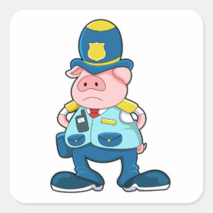 Pig as Police officer with Police Uniform & Hat Square Sticker