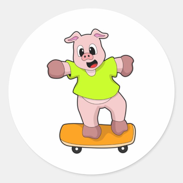 Pig as Skater on Skateboard Classic Round Sticker (Front)