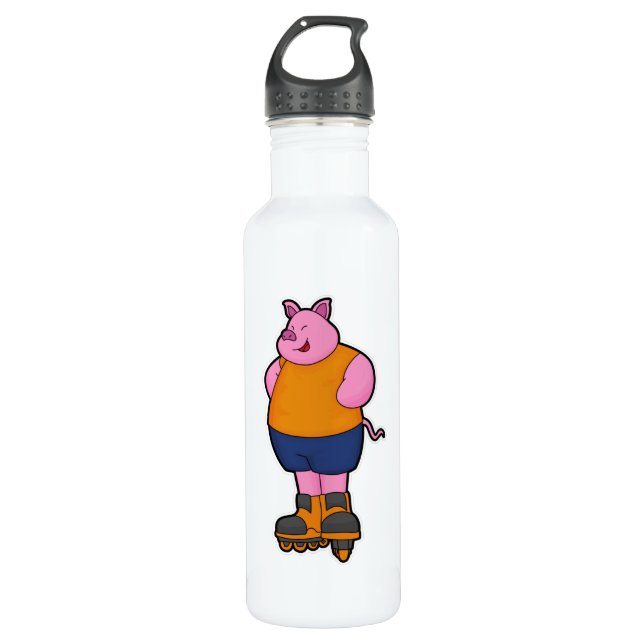 Pig as Skater with Inline skates 710 Ml Water Bottle (Front)