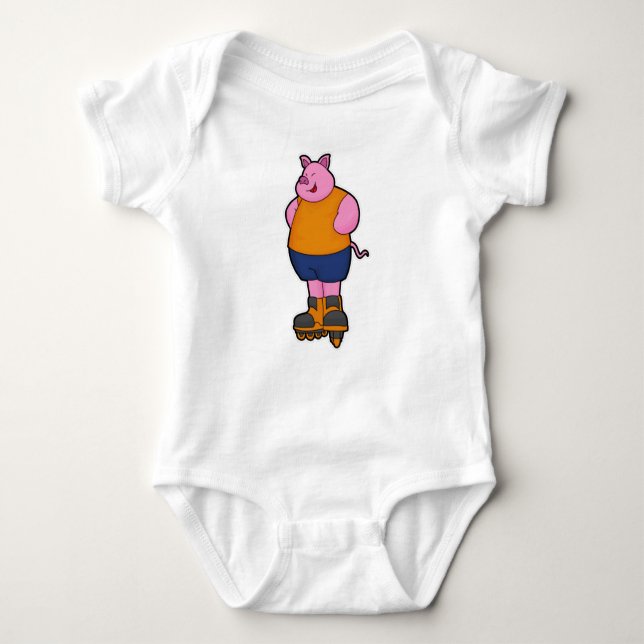 Pig as Skater with Inline skates Baby Bodysuit (Front)