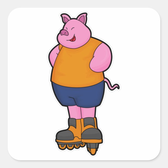 Pig as Skater with Inline skates Square Sticker (Front)